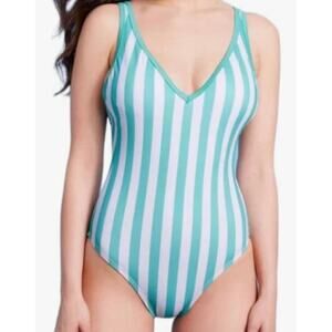 Kona Sol Women’s Turquoise Striped One-Piece Swimsuit Sz 16W